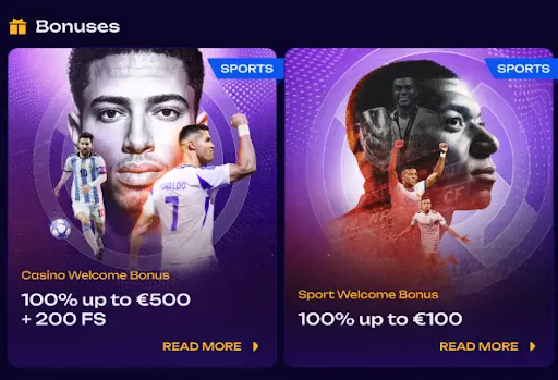 Bonuses section showing two sports offers, including a casino welcome bonus of 100% up to €500 with 200 free spins and a sport welcome bonus of 100% up to €100, illustrated with football players on a purple background