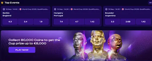 Top World Cup Qualification Events With Betting Odds and Coin Rewards Top events section with World Cup 2026 qualification matches, betting odds, and a promotional banner offering coins and cup prizes