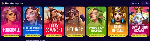 Hot jackpots section showcasing popular slot games with massive progressive prize pools, including Plingoball, Lucky Comanche, Book of Cleo, and Fury of Odin Megaways