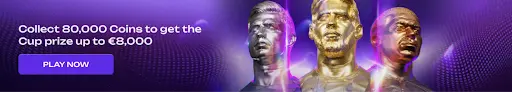 Promotional banner inviting players to collect 80,000 coins to win a cup prize of up to €8,000, featuring metallic football player statues on a purple background