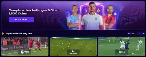 Complete Challenges to Earn 1,500 Coins and Explore Top Football Leagues Promotional banner encouraging users to complete challenges and claim 1,500 coins, followed by a section showcasing top football leagues including Premier League, Bundesliga, and Ligue 1