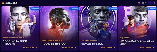 Bonuses section with casino and sports welcome offers, including 100% up to €500 with free spins, 100% up to €100 sports bonus, VIP daily free bet up to €500, and a Big Game free bet builder promotion