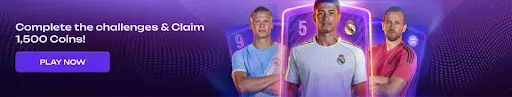 Promotional banner showing football players and digital cards inviting users to complete challenges and claim 1,500 coins