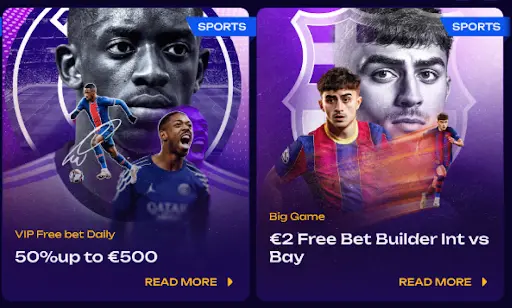 Bonuses section featuring two sports promotions, including a VIP free bet daily offer of 50% up to €500 and a big game €2 free bet builder for Inter vs Bayern, illustrated with football players on a purple background