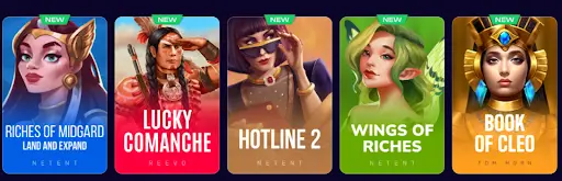 New Slot Games Collection With Riches of Midgard, Lucky Comanche, and Book of Cleo New slot games selection featuring Riches of Midgard, Lucky Comanche, Hotline 2, Wings of Riches, and Book of Cleo with colorful illustrated characters