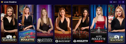 Live casino section featuring professional dealers hosting blackjack, roulette, baccarat, and auto roulette tables in a real-time casino environment