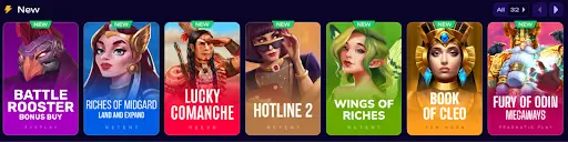 New slots section featuring recently added games, including Battle Rooster Bonus Buy, Riches of Midgard, Lucky Comanche, Hotline 2, Wings of Riches, Book of Cleo, and Fury of Odin Megaways