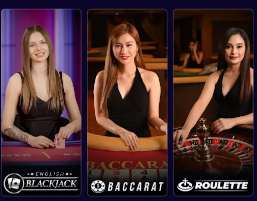 Live casino games selection showing English blackjack, baccarat, and roulette tables with professional female dealers in a studio setting