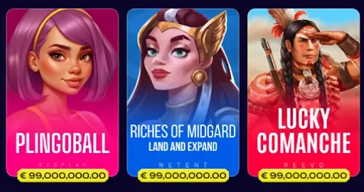 Popular Slot Games Featuring Plingoball, Riches of Midgard, and Lucky Comanche Slot game cards showing Plingoball, Riches of Midgard Land and Expand, and Lucky Comanche with illustrated characters and jackpot amounts